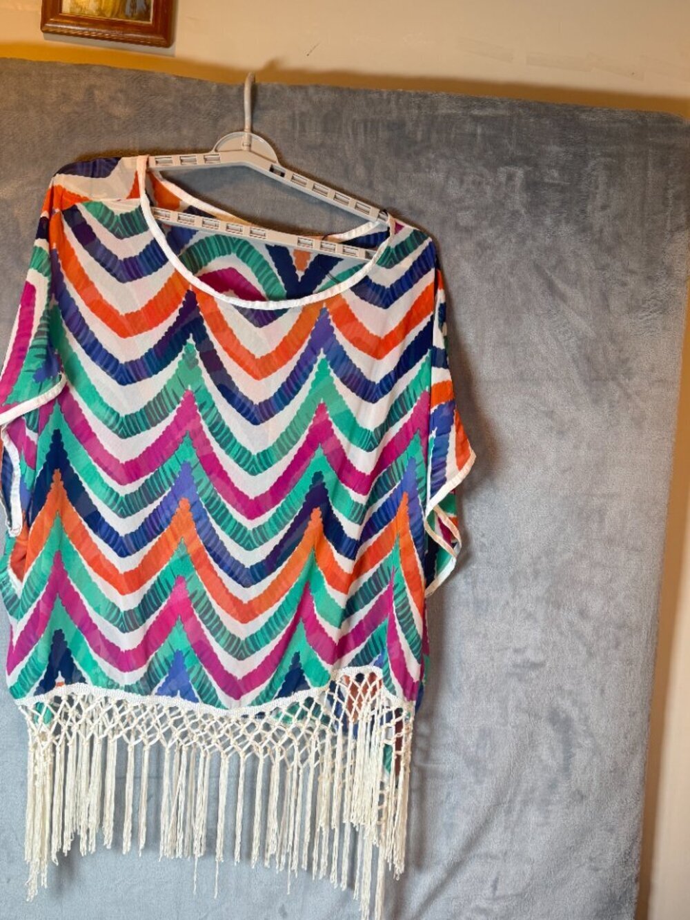 Boho Fringe Poncho, Top Multicolor Sheer ,Beach Cover Up, Resort Wear, One Size - Picture 2 of 7